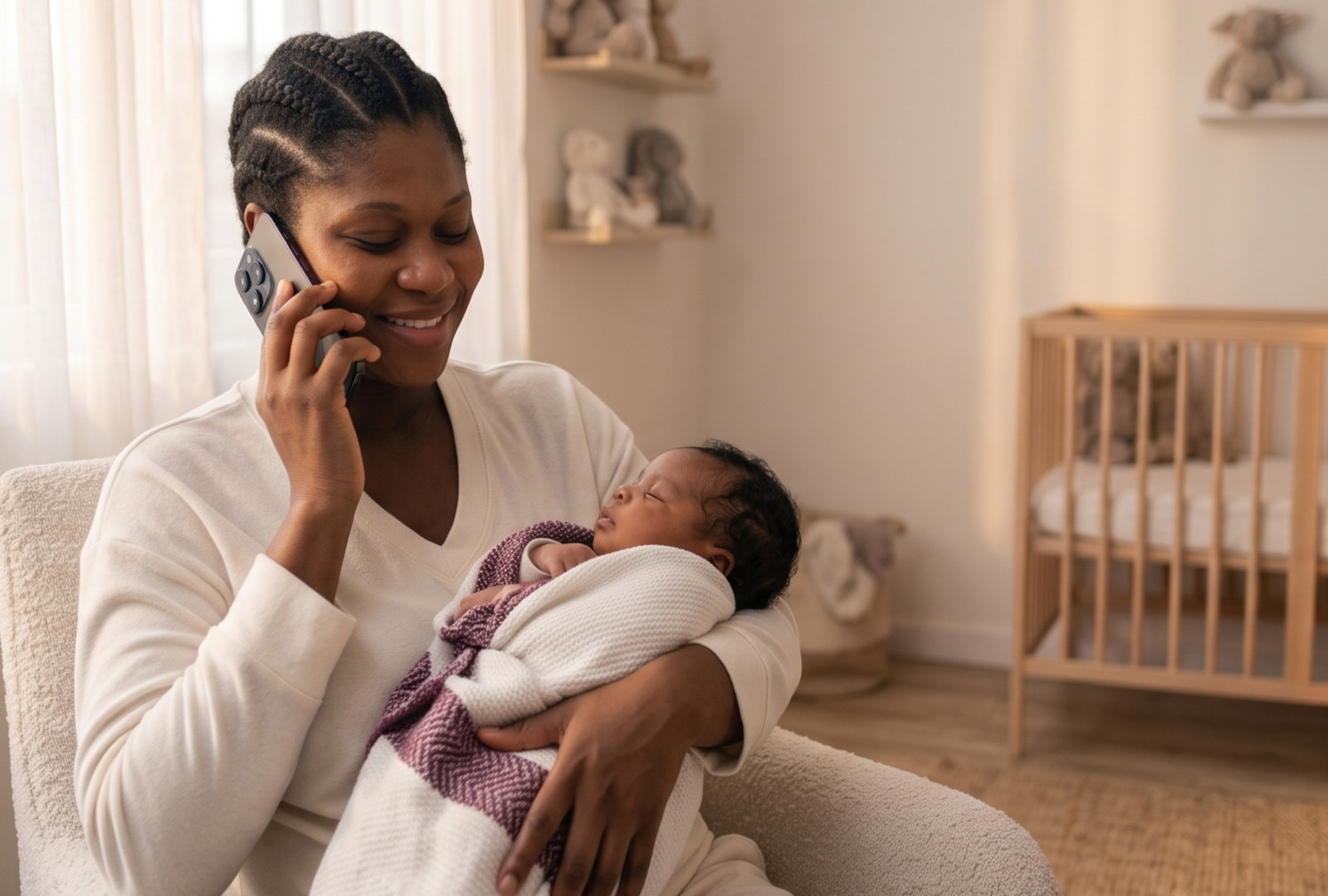 Mother holding newborn while on a phone call
